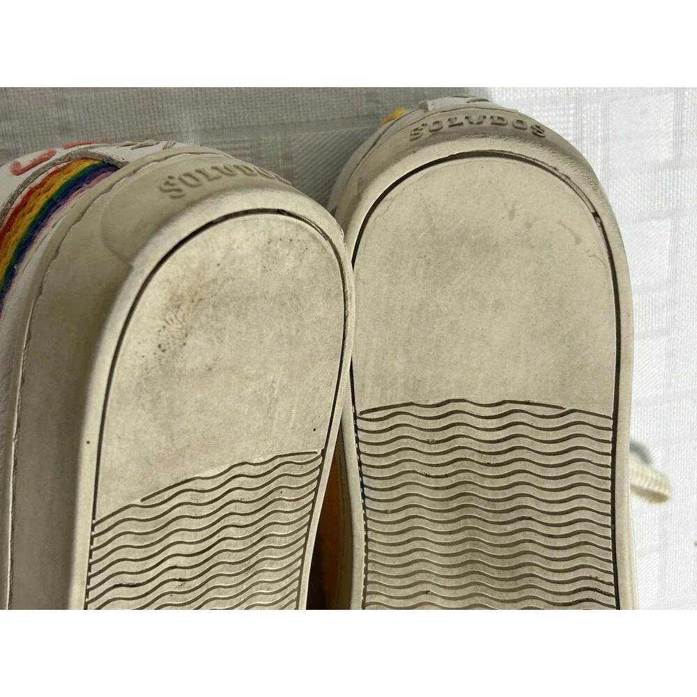 Soludos White Leather Shoe Women's Size 9 Rainbow Sunrise Embroidery Retro 80s